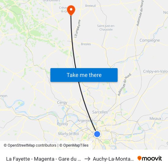 La Fayette - Magenta - Gare du Nord to Auchy-La-Montagne map