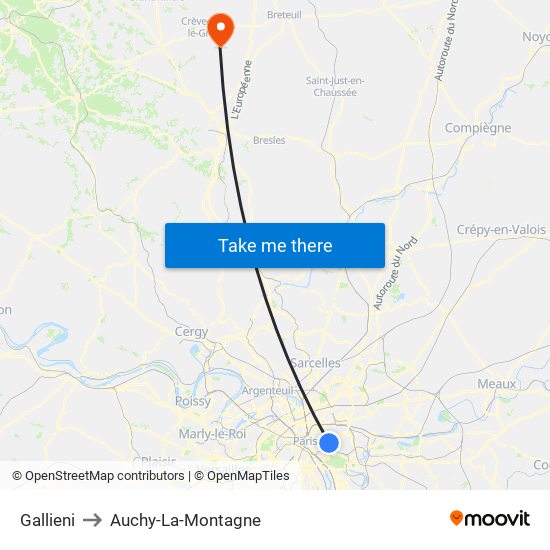 Gallieni to Auchy-La-Montagne map