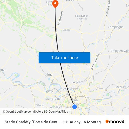 Stade Charléty (Porte de Gentilly) to Auchy-La-Montagne map