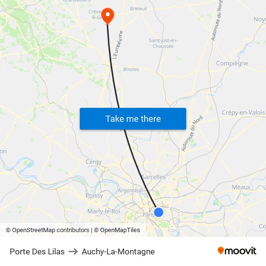 Porte Des Lilas to Auchy-La-Montagne map