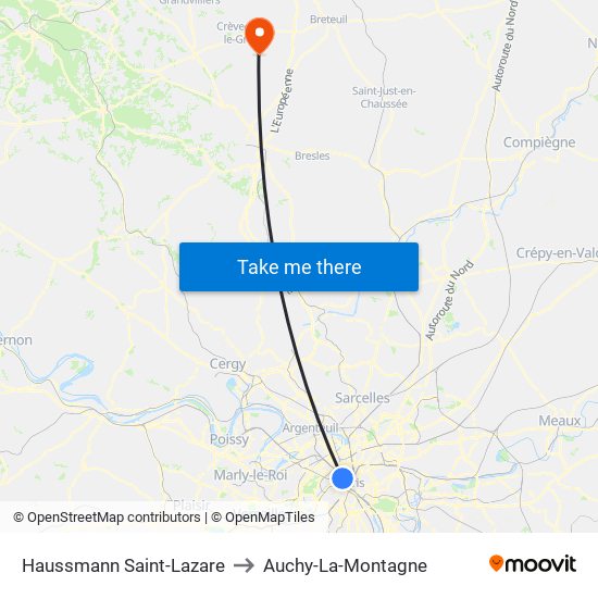 Haussmann Saint-Lazare to Auchy-La-Montagne map