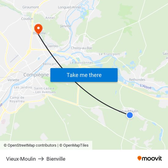 Vieux-Moulin to Bienville map
