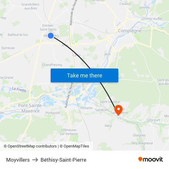 Moyvillers to Béthisy-Saint-Pierre map