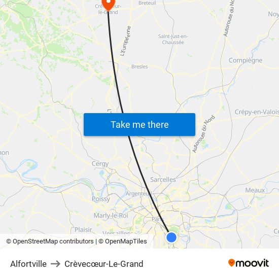 Alfortville to Crèvecœur-Le-Grand map