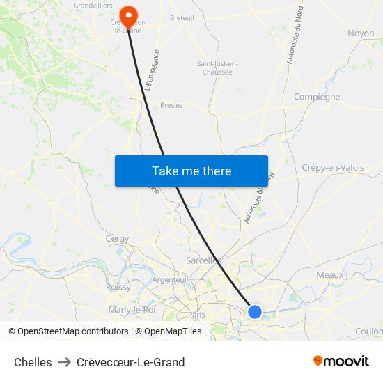 Chelles to Crèvecœur-Le-Grand map