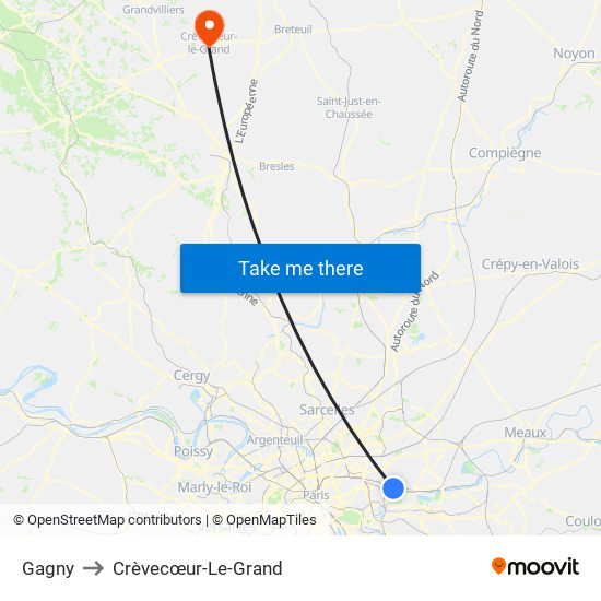 Gagny to Crèvecœur-Le-Grand map