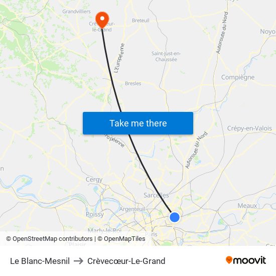 Le Blanc-Mesnil to Crèvecœur-Le-Grand map