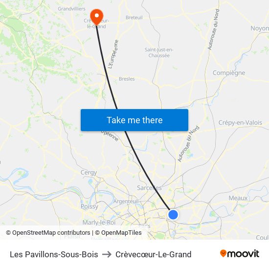 Les Pavillons-Sous-Bois to Crèvecœur-Le-Grand map
