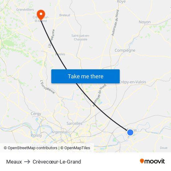 Meaux to Crèvecœur-Le-Grand map