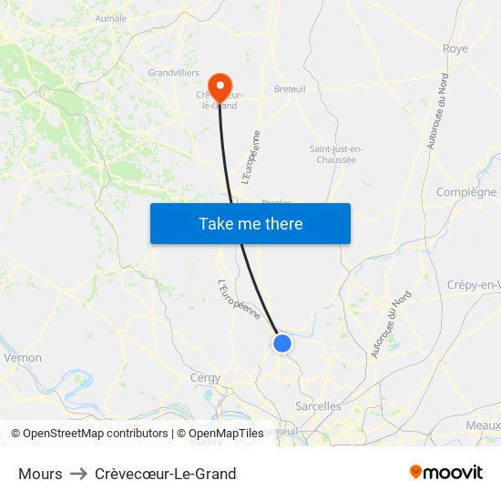 Mours to Crèvecœur-Le-Grand map