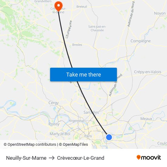 Neuilly-Sur-Marne to Crèvecœur-Le-Grand map