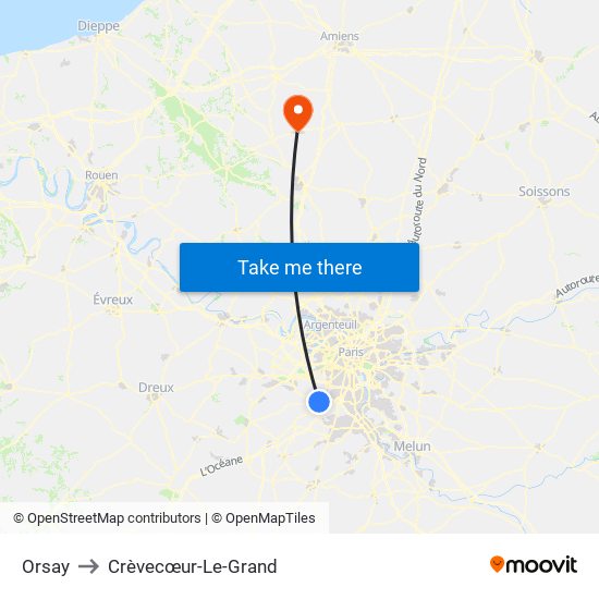 Orsay to Crèvecœur-Le-Grand map