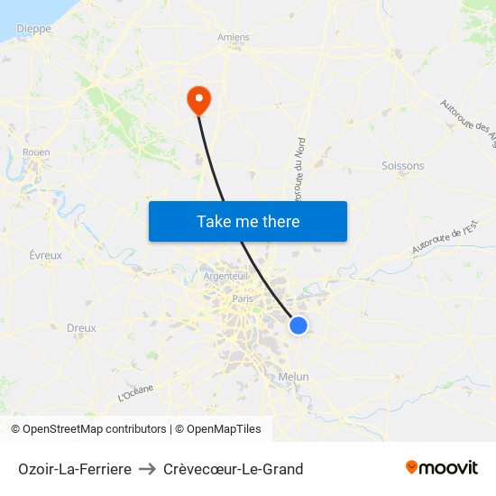 Ozoir-La-Ferriere to Crèvecœur-Le-Grand map