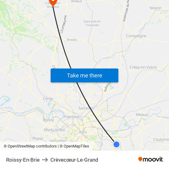 Roissy-En-Brie to Crèvecœur-Le-Grand map