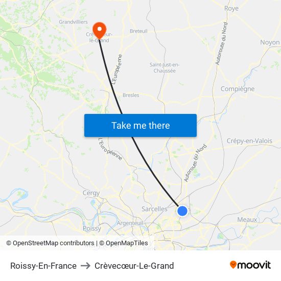 Roissy-En-France to Crèvecœur-Le-Grand map