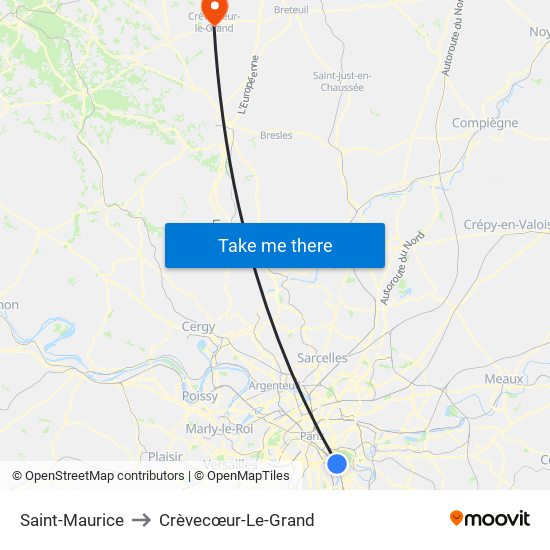 Saint-Maurice to Crèvecœur-Le-Grand map