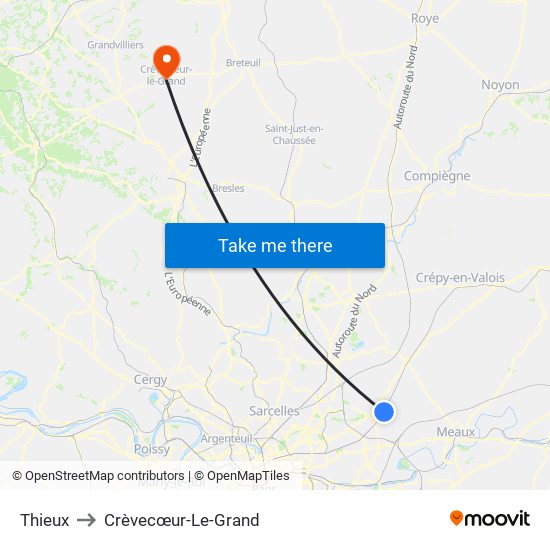 Thieux to Crèvecœur-Le-Grand map