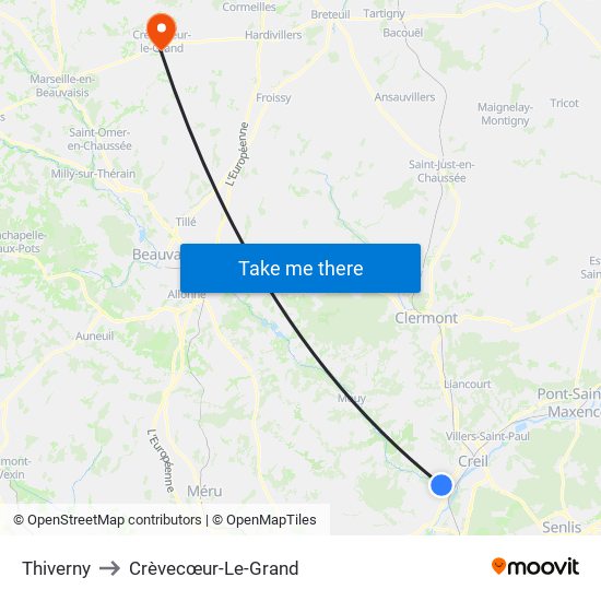 Thiverny to Crèvecœur-Le-Grand map