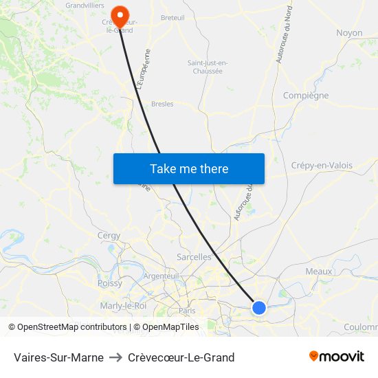 Vaires-Sur-Marne to Crèvecœur-Le-Grand map