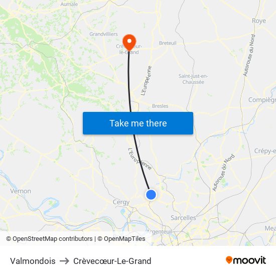 Valmondois to Crèvecœur-Le-Grand map
