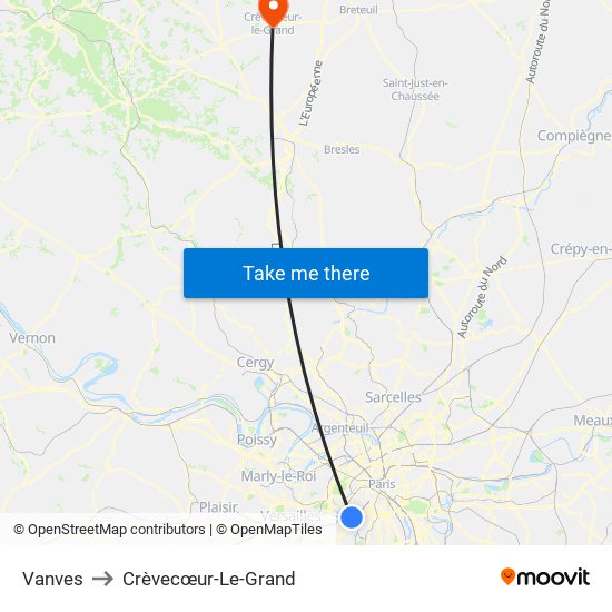 Vanves to Crèvecœur-Le-Grand map
