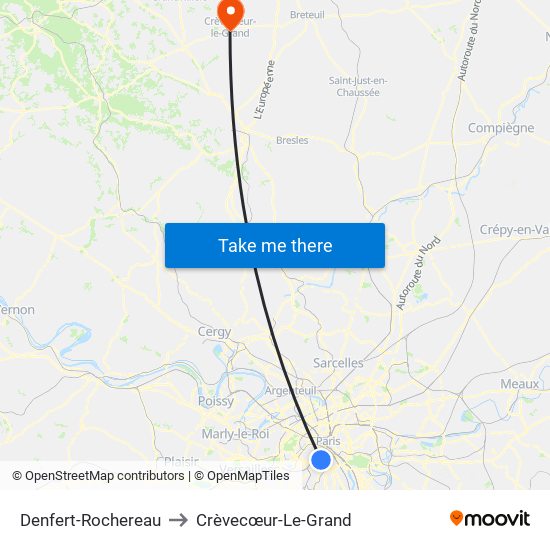 Denfert-Rochereau to Crèvecœur-Le-Grand map