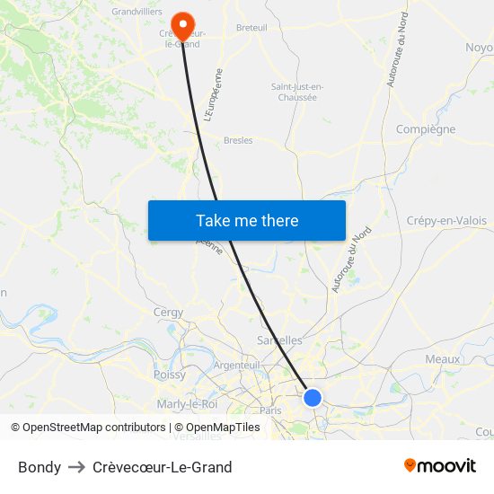 Bondy to Crèvecœur-Le-Grand map