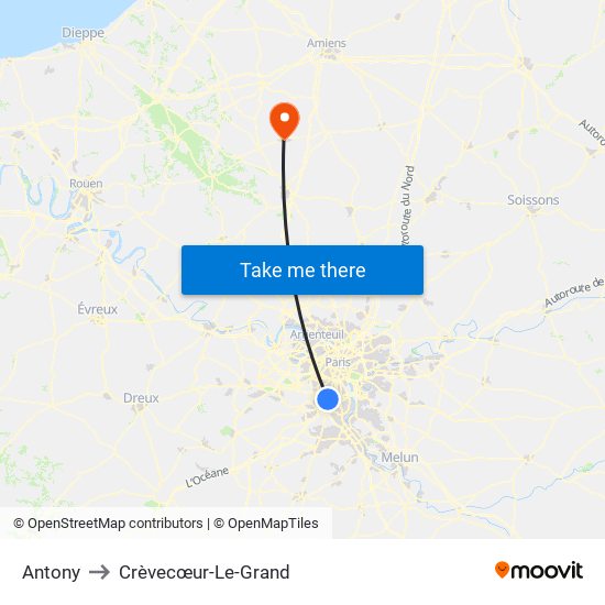 Antony to Crèvecœur-Le-Grand map