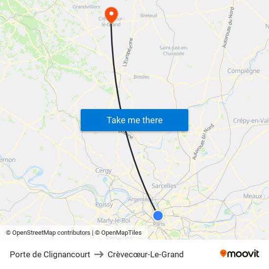 Porte de Clignancourt to Crèvecœur-Le-Grand map