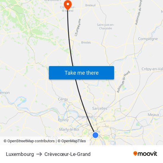 Luxembourg to Crèvecœur-Le-Grand map