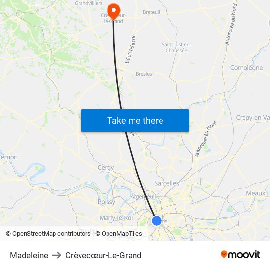 Madeleine to Crèvecœur-Le-Grand map