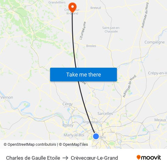 Charles de Gaulle Etoile to Crèvecœur-Le-Grand map