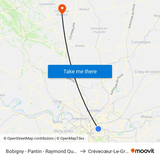 Bobigny - Pantin - Raymond Queneau to Crèvecœur-Le-Grand map