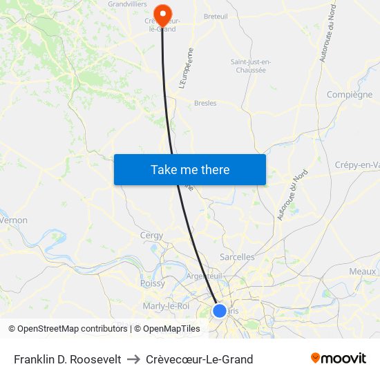 Franklin D. Roosevelt to Crèvecœur-Le-Grand map
