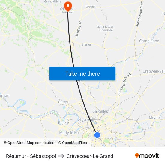 Réaumur - Sébastopol to Crèvecœur-Le-Grand map