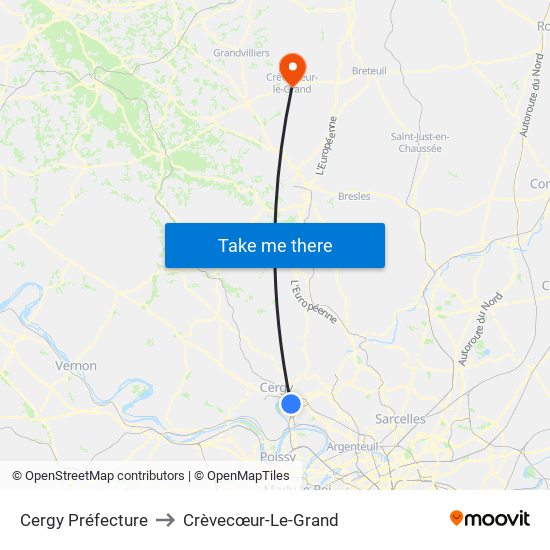 Cergy Préfecture to Crèvecœur-Le-Grand map