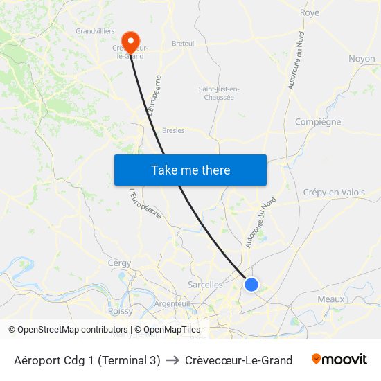 Aéroport Cdg 1 (Terminal 3) to Crèvecœur-Le-Grand map