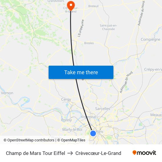 Champ de Mars Tour Eiffel to Crèvecœur-Le-Grand map
