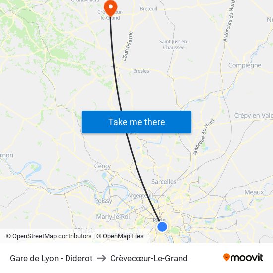 Gare de Lyon - Diderot to Crèvecœur-Le-Grand map