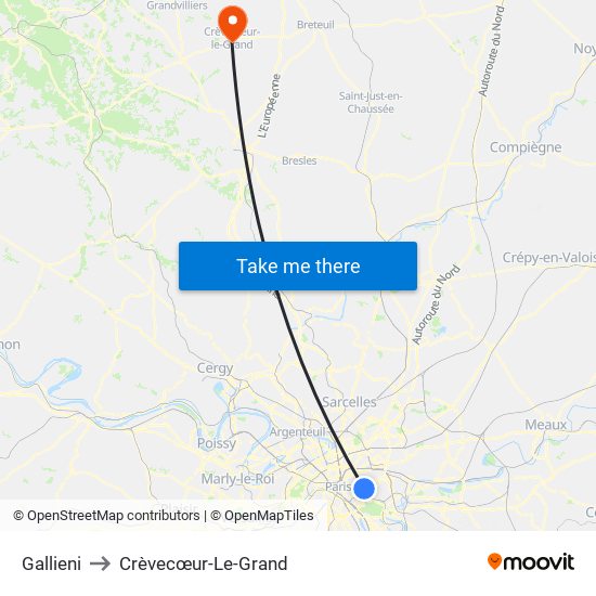 Gallieni to Crèvecœur-Le-Grand map