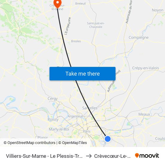 Villiers-Sur-Marne - Le Plessis-Trévise RER to Crèvecœur-Le-Grand map