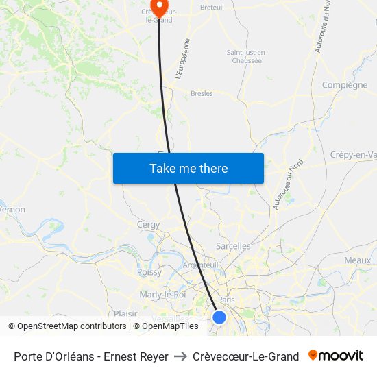 Porte D'Orléans - Ernest Reyer to Crèvecœur-Le-Grand map