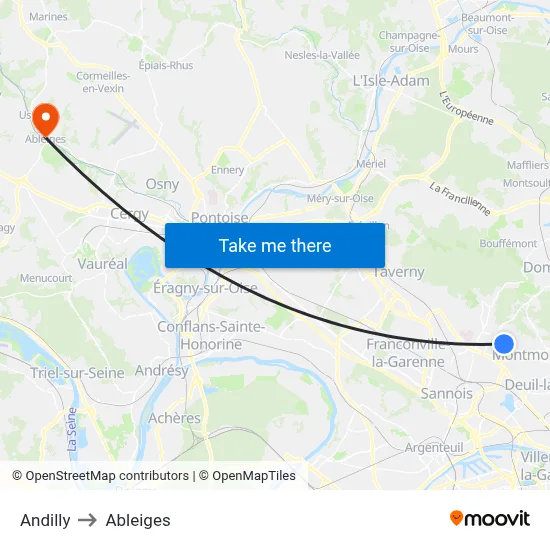 Andilly to Ableiges map