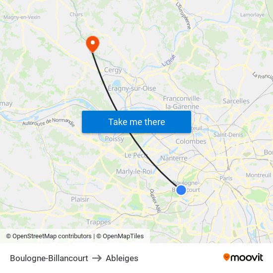 Boulogne-Billancourt to Ableiges map