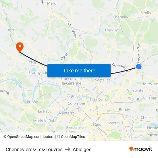 Chennevieres-Les-Louvres to Ableiges map