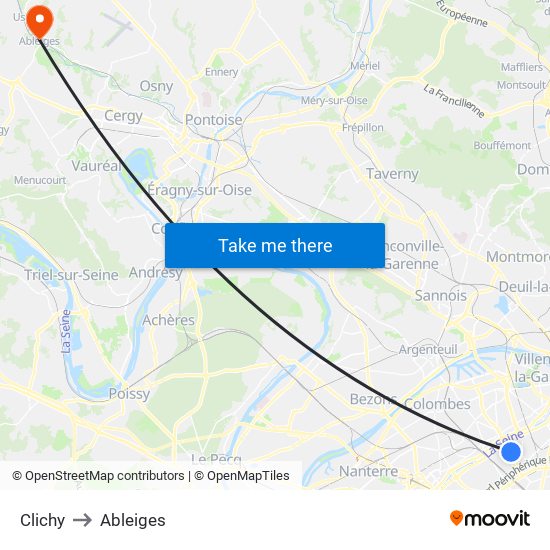 Clichy to Ableiges map