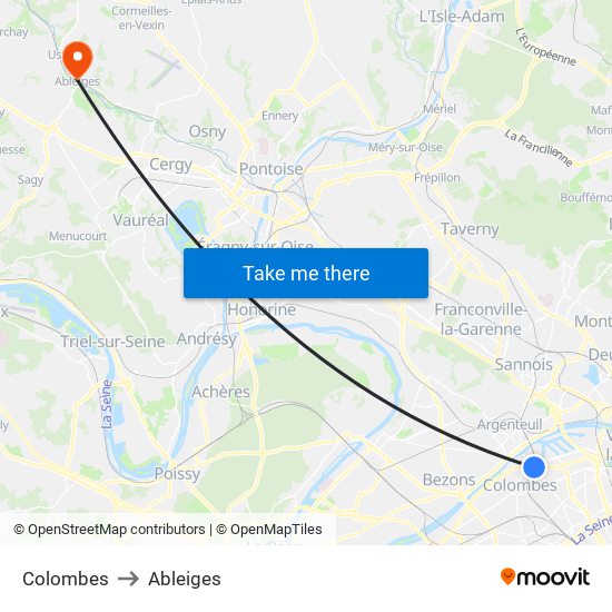 Colombes to Ableiges map