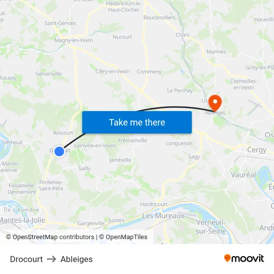 Drocourt to Ableiges map