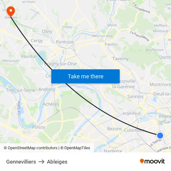 Gennevilliers to Ableiges map