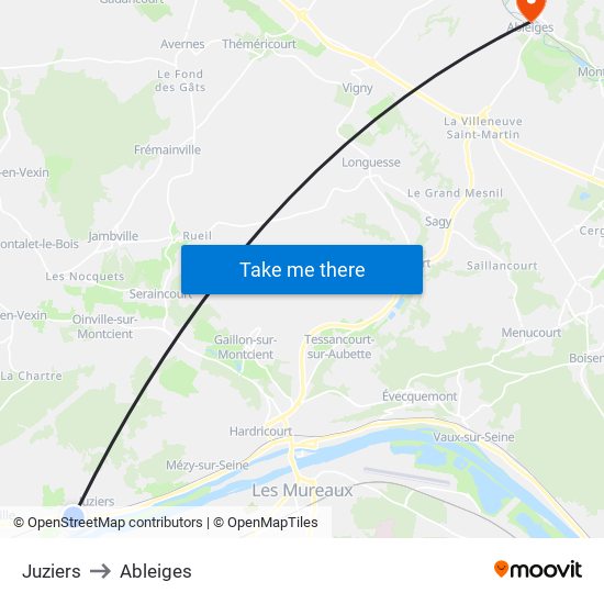 Juziers to Ableiges map